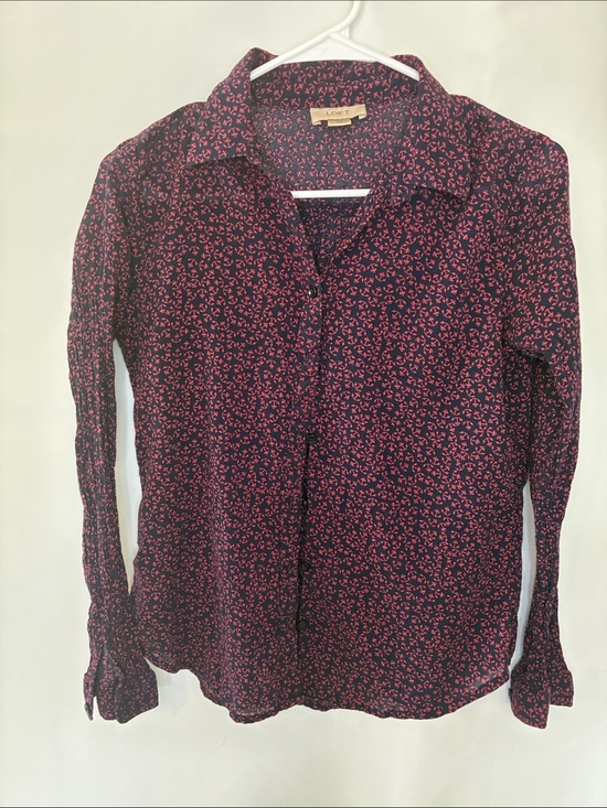 LOFT Tops - LOFT Navy Button-Up Shirt with Pink Micro Anchor Print